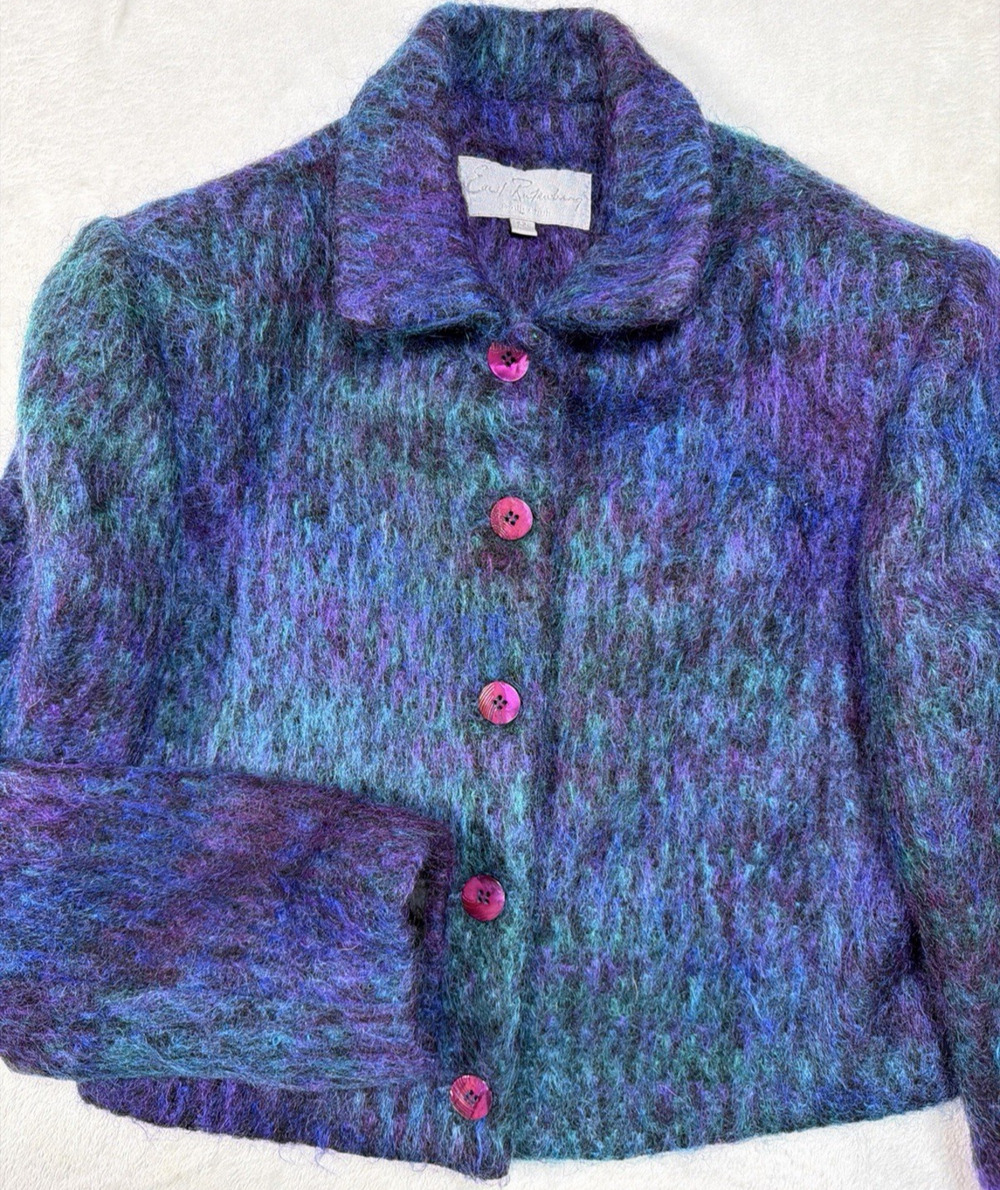 VTG Emil Rutenberg Mohair Shaggy Jacket Purple Teal Whimsigoth Womens SZ S USA